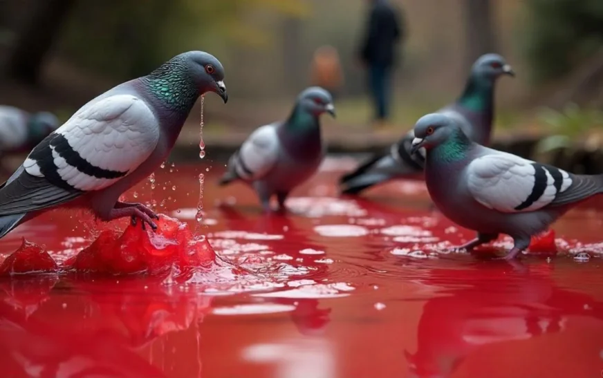 275 pigeons dive into a pond filled with red glue