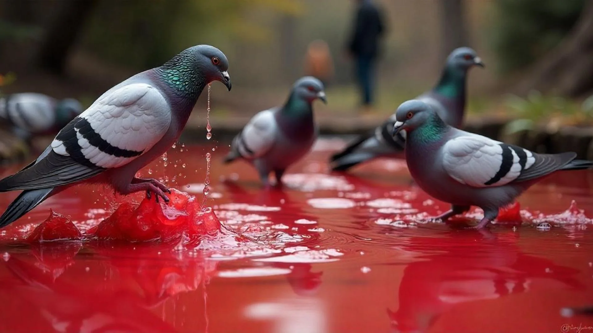 The Unbelievable Sight: 275 Pigeons Dive into a Pond Filled with Red Glue